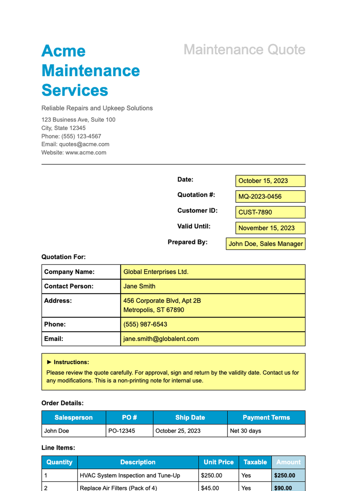 Maintenance quote template with blue headers and tax calculation section_variant_2